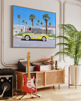 Get a taste of mid-century cool with artwork of a classic convertible parked outside a Palm Springs home in a stylish room inspired by "Don't Worry Darling".