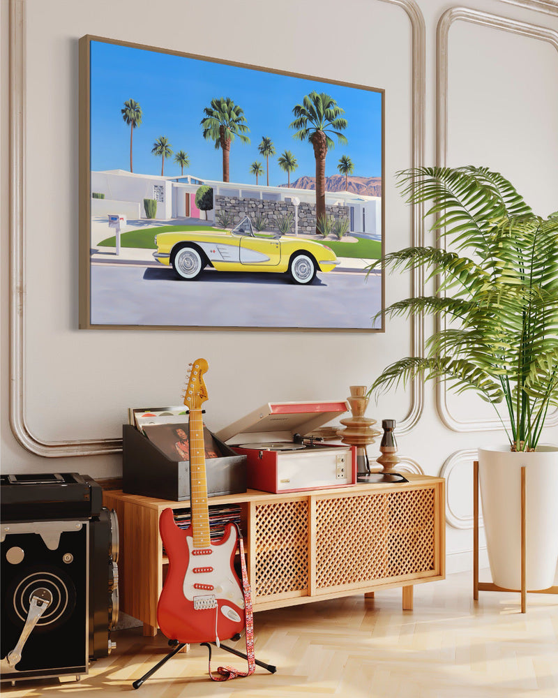 Get a taste of mid-century cool with artwork of a classic convertible parked outside a Palm Springs home in a stylish room inspired by "Don't Worry Darling".