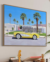 Experience the allure of mid-century design with artwork of a classic convertible car parked outside a Palm Springs home in a stylish mid-century room - inspired by 'Don't Worry Darling'.