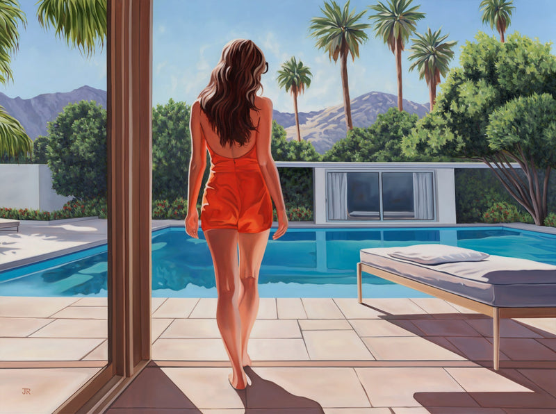 In a palm tree haven, a woman stands by the pool, immersed in morning calm