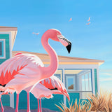 Dive into coastal elegance! Decorate your home with contemporary artwork featuring flamingos and a Hamptons-style beach house nestled in Palm Beach palms