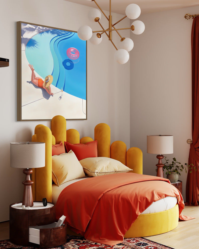 A chic bedroom with an eye-catching artwork of a woman lounging beside a shimmering pool with a colorful pool float