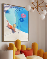 A sophisticated bedroom with a beautiful artwork of a woman chilling beside a turquoise pool with a cocktail and a pool float