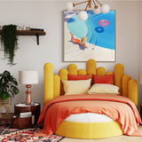 An elegant bedroom with a vibrant artwork depicting a woman enjoying a cocktail beside a luxurious swimming poo