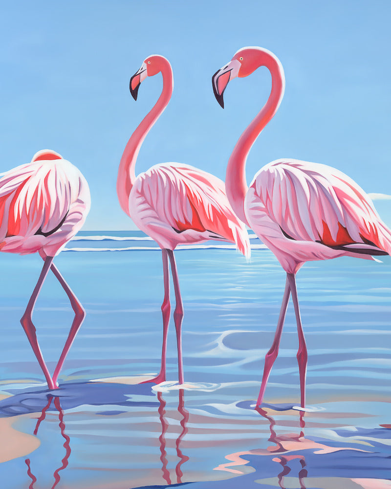 Dive into coastal elegance! Decorate your home with contemporary artwork featuring flamingos and a Hamptons-style beach house nestled in Palm Beach palms