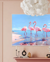 Bring Palm Beach vibes indoors! Discover stunning contemporary art showcasing flamingos and a Hamptons-style beach house amidst lush palm trees