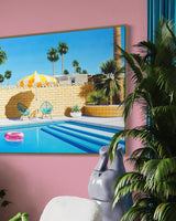 Artwork of a sun-kissed summer day by the pool, featuring a playful pink pool ring and a charming yellow and white striped umbrella in the heart of Palm Springs