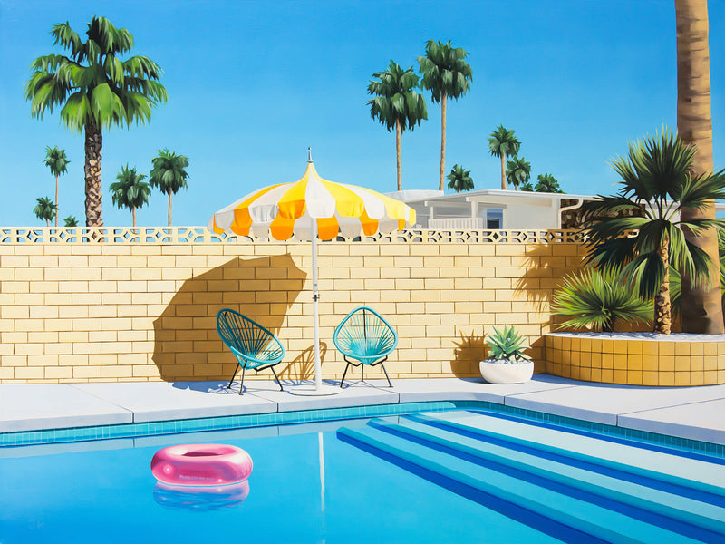 Oil Paint capturing a relaxing pool with a bright pink pool ring and a trendy yellow and white striped umbrella in a beautiful Palm Springs setting.