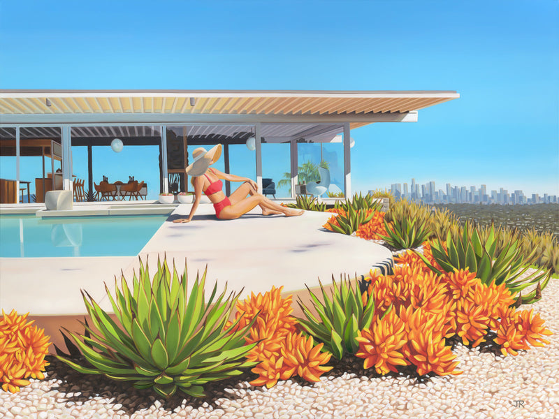 Vibrant artwork of a woman in a floppy hat and bikini, enjoying the sun-drenched poolside with the magnificent Los Angeles skyline in the background