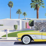 Mid-century modern meets vintage glamour with artwork of a classic convertible parked outside a Palm Springs home inspired by "Don't Worry Darling".