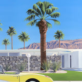 Transport yourself to mid-century Palm Springs with artwork of a classic convertible parked outside a stylish home