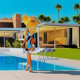 A beautiful artwork of the Kaufmann house captures the essence of summer with a woman relaxing by the pool and a yellow umbrella in the background