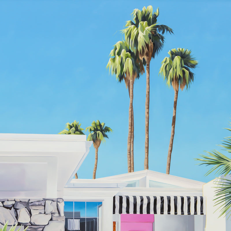 A painting features a pink Cadillac and a midcentury-style house, while palm trees sway in the background. Timeless and elegant.