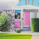 This stunning artwork captures the essence of midcentury architecture. The pink Cadillac and palm trees add a touch of retro glamour to the stylish living room