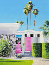 A gorgeous painting of midcentury architecture. The pink Cadillac in the driveway and the palm trees swaying in the distance create a luxurious, laid-back atmosphere. Pure sophistication