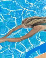 Painting of a young girl in a bright bikini, enjoying the cool water of a pool on a hot summer day