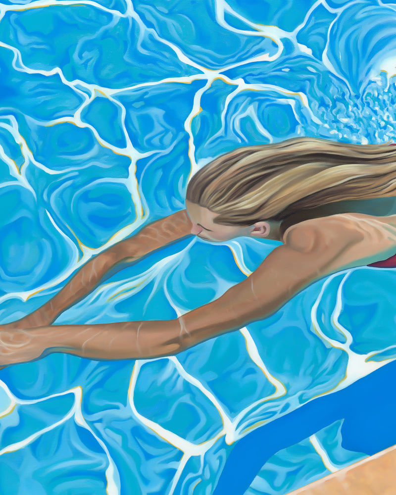 Painting of a young girl in a bright bikini, enjoying the cool water of a pool on a hot summer day