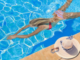 Artwork depicting a young girl, donning a bright bikini, exuding confidence as she swims in a turquoise pool.