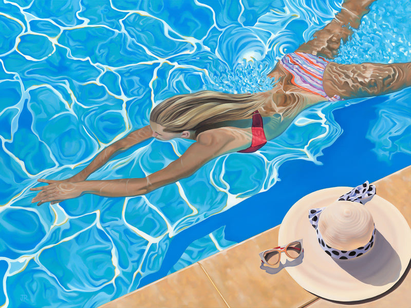 Artwork depicting a young girl, donning a bright bikini, exuding confidence as she swims in a turquoise pool.