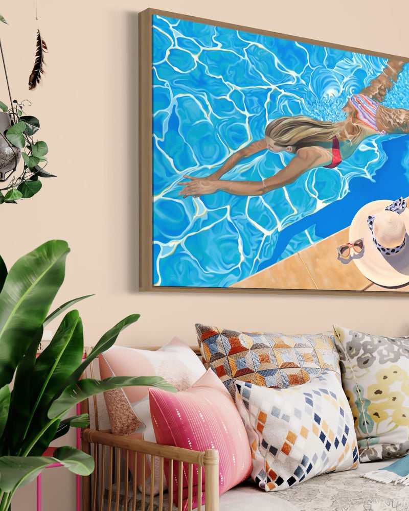 A captivating artwork in a fashionable living room showcasing a young girl in a cheerful bikini, playing in a gorgeous pool