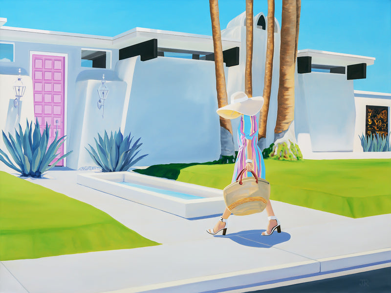 An art piece capturing the sunny ambiance of Palm Springs, showcasing a woman in a colourful dress walking up to her pink door